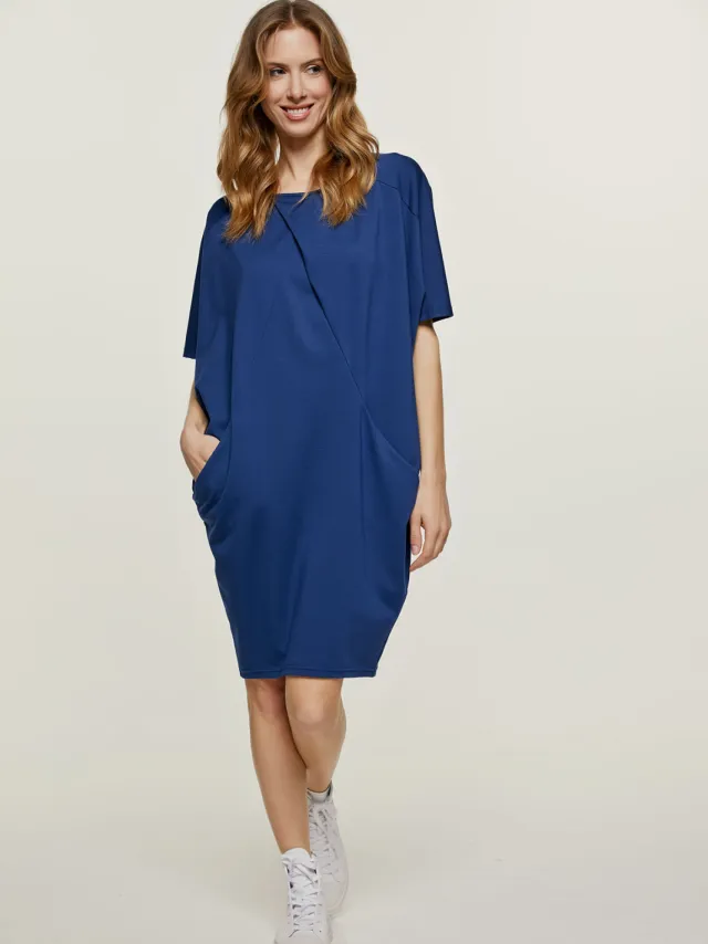 Conquista Dames Marineblauw Oversized Zware Jersey Jurk met Voorzakken