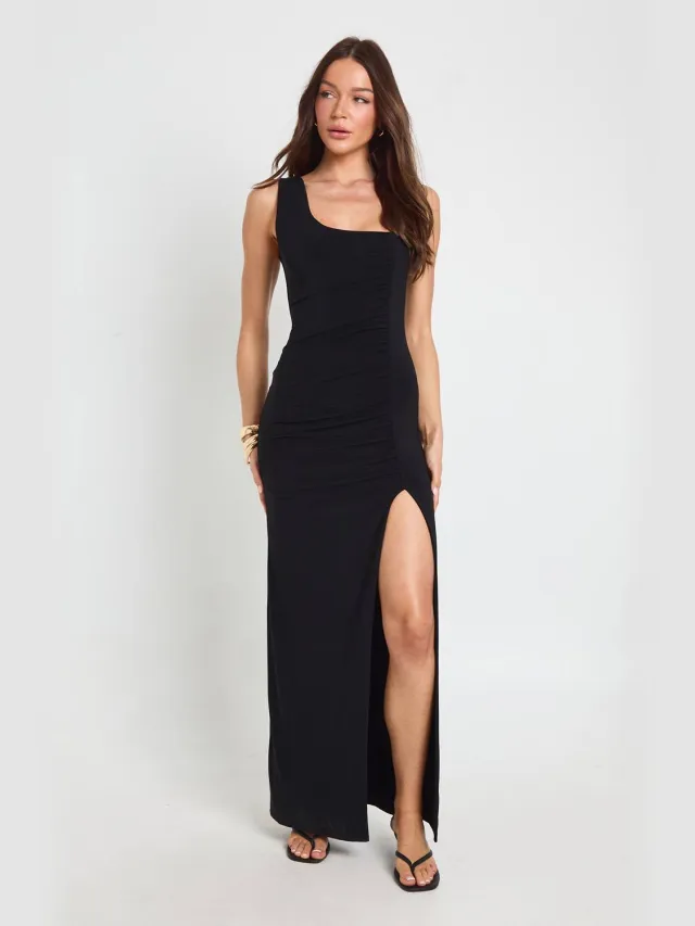 boohoo Dames Slinky Maxi Jurk Met Zilveren Trim, Bandjes En Geplooid Detail Zwart