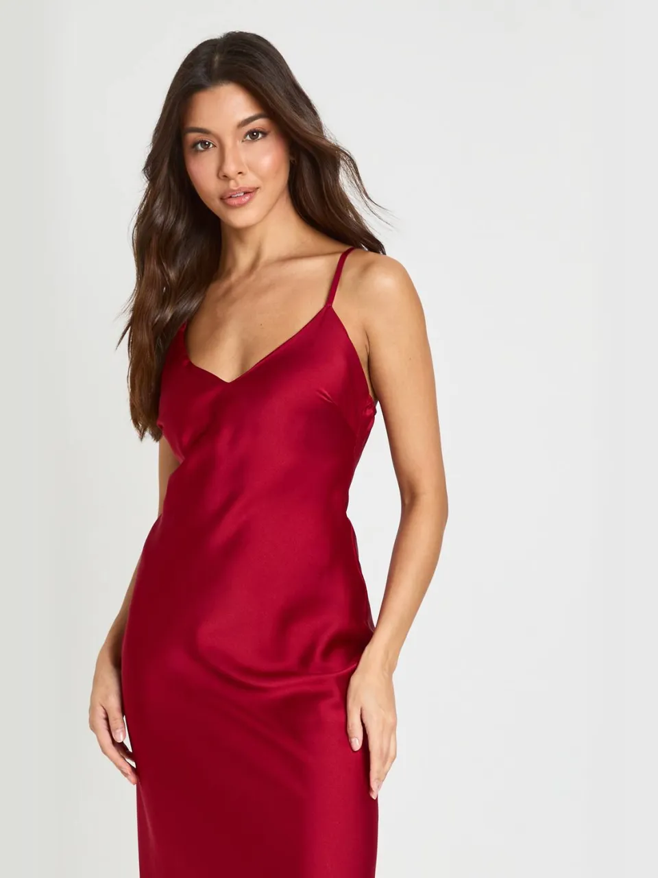 boohoo Dames Satijnen Maxi Slip Jurk Met V-hals bordeaux rood, foto 3