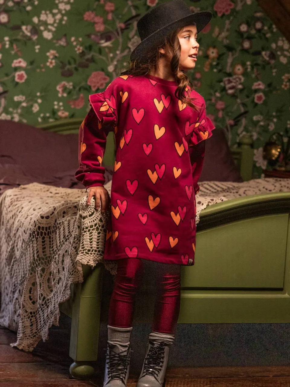 LOOXS little sweatjurk met ruches en hartjes donkerrood, foto 7