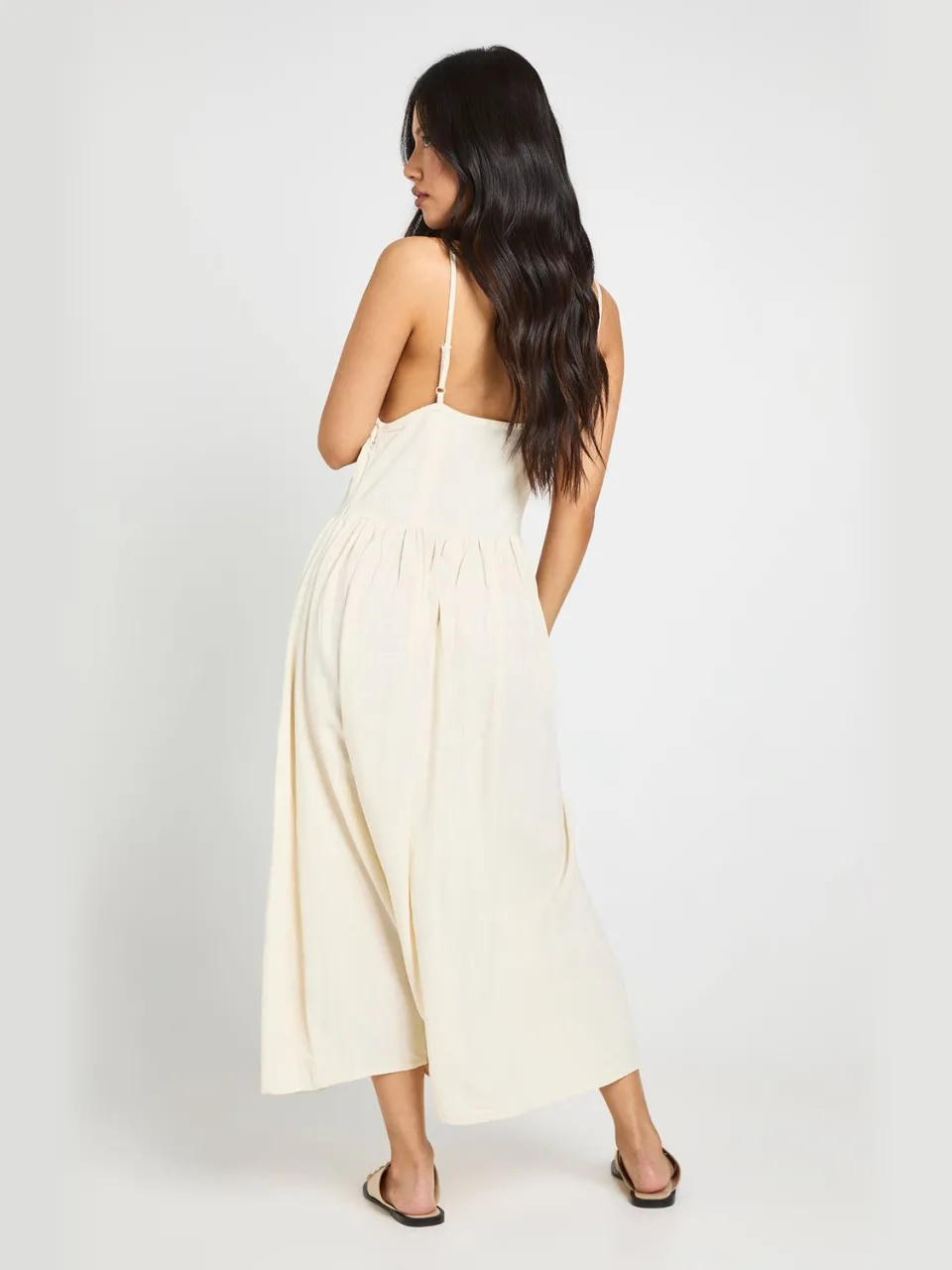 boohoo Dames Petite Premium Linnen Korset Detail Midi Skater Jurk natural, foto 3