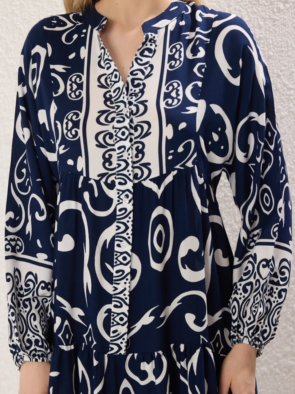 Trendyol Modest Dames Donkerblauw Etnisch patroon Maxi Lang Casual A-lijn Modest Jurken indigoblauw, foto 2
