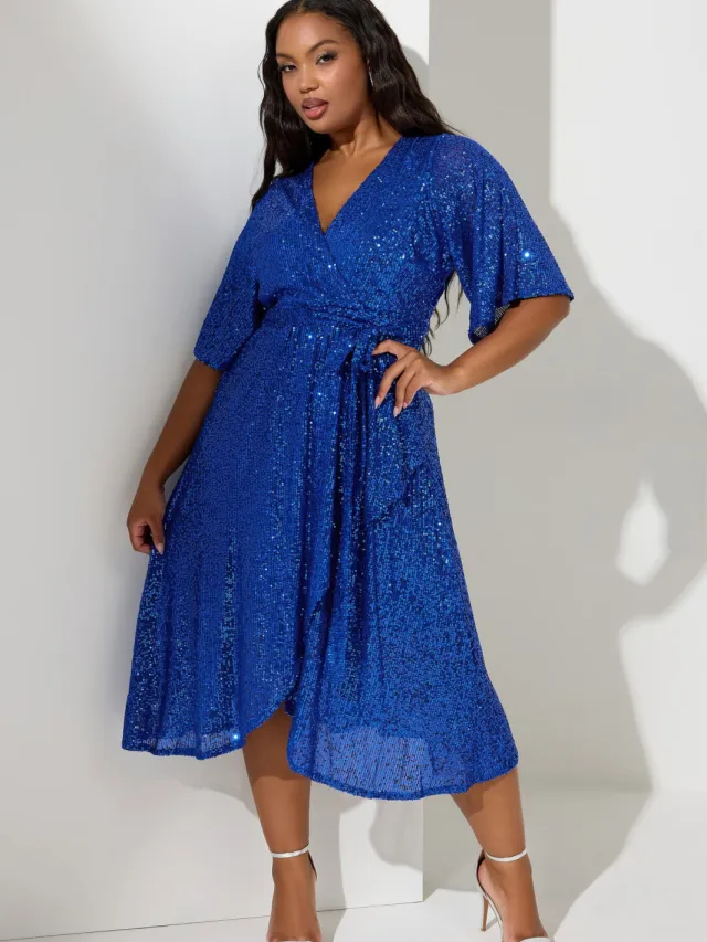 Yours London Wikkeljurk Met Allover Pailletten En Vhals In Blauw Blue