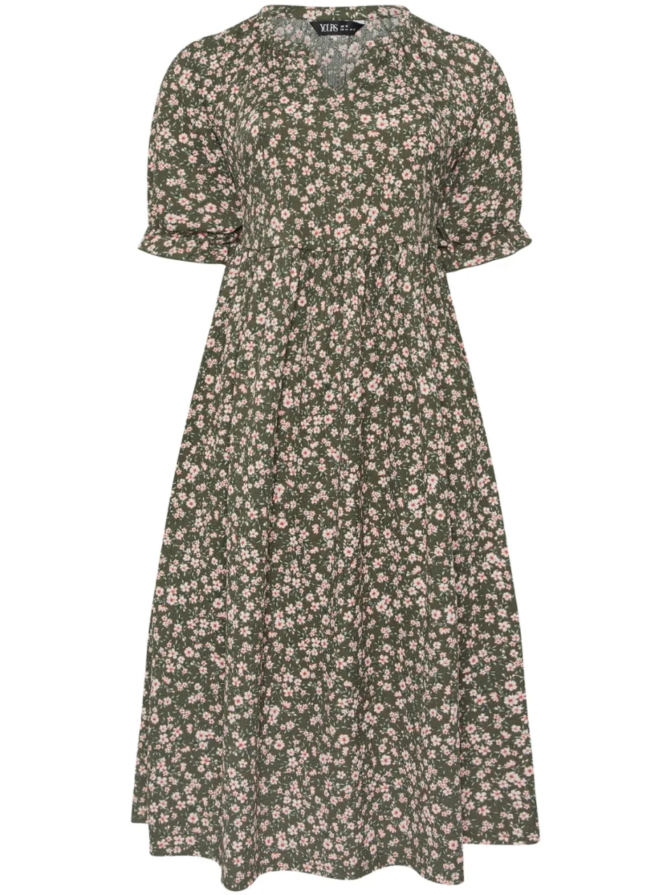 Yours Kaki Groene Maxijurk Met Bloemenprint En Inkeping In De Hals-64, foto 4