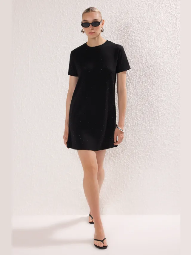 Trendyol TRENDYOLMİLLA Dames Zwart Effen Kort / Mini Kort Casual Recht Jurken