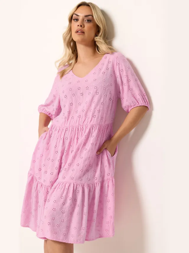 Yours Roze Gelaagde Jurk Met Broderie Anglaise-52 Pink