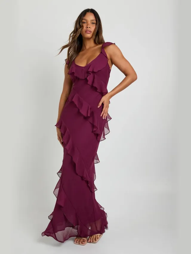 boohoo Dames Chiffon ruche bandjes maxi-jurk wijn, foto 2