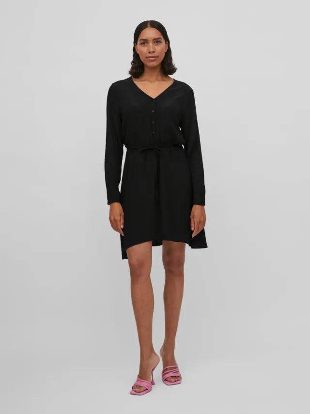 Vila VIFINI V-NECK L/S SHORT DRESS/SU - NOOS Dames Jurk Black Effen