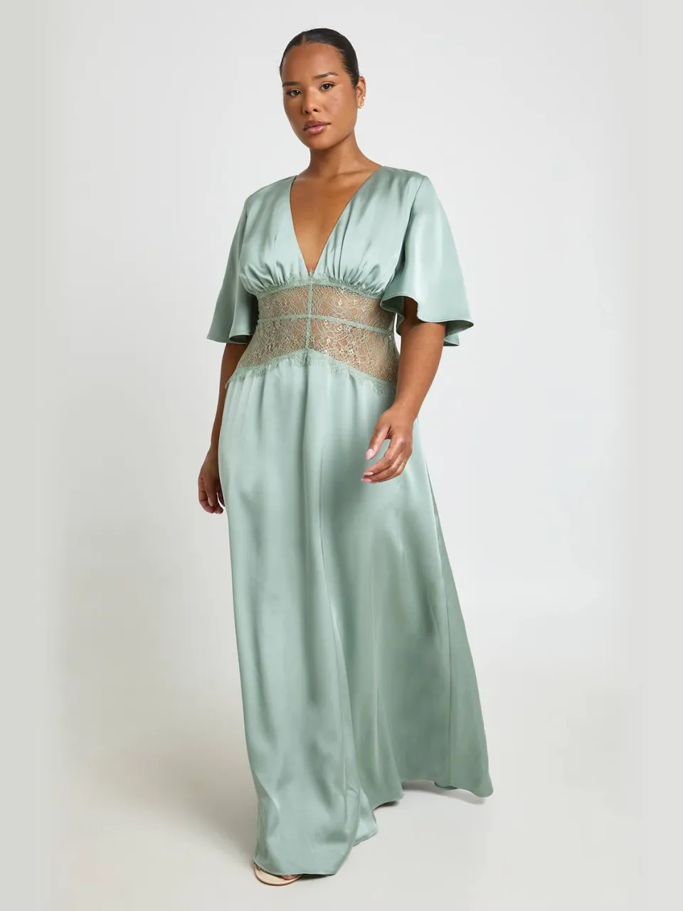 boohoo Dames Plus Satijnen Kanten Paneel Angel Sleeve Maxi Jurk verstandig, foto 2
