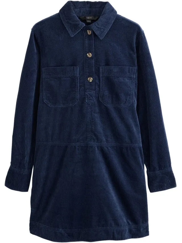 Next Dames - Petite corduroy overhead-mini-jurk met lange mouwen - Petite - Blauw Navy Blue