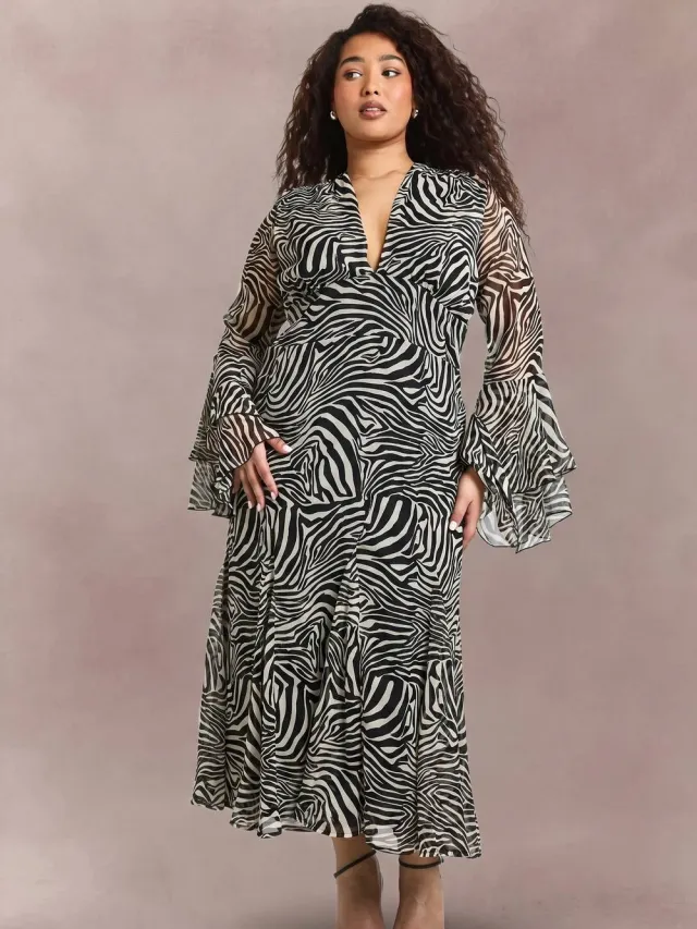 boohoo Dames Plus Zebra Uitlopende Manchet Godet Midaxi Skater Jurk Zebraprint