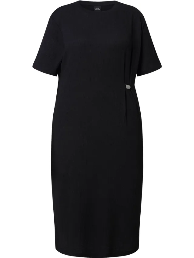 Ulla Popken Dames - Midi-jurk structuur ronde hals oversized korte mouwen - Zwart - Maat 50+