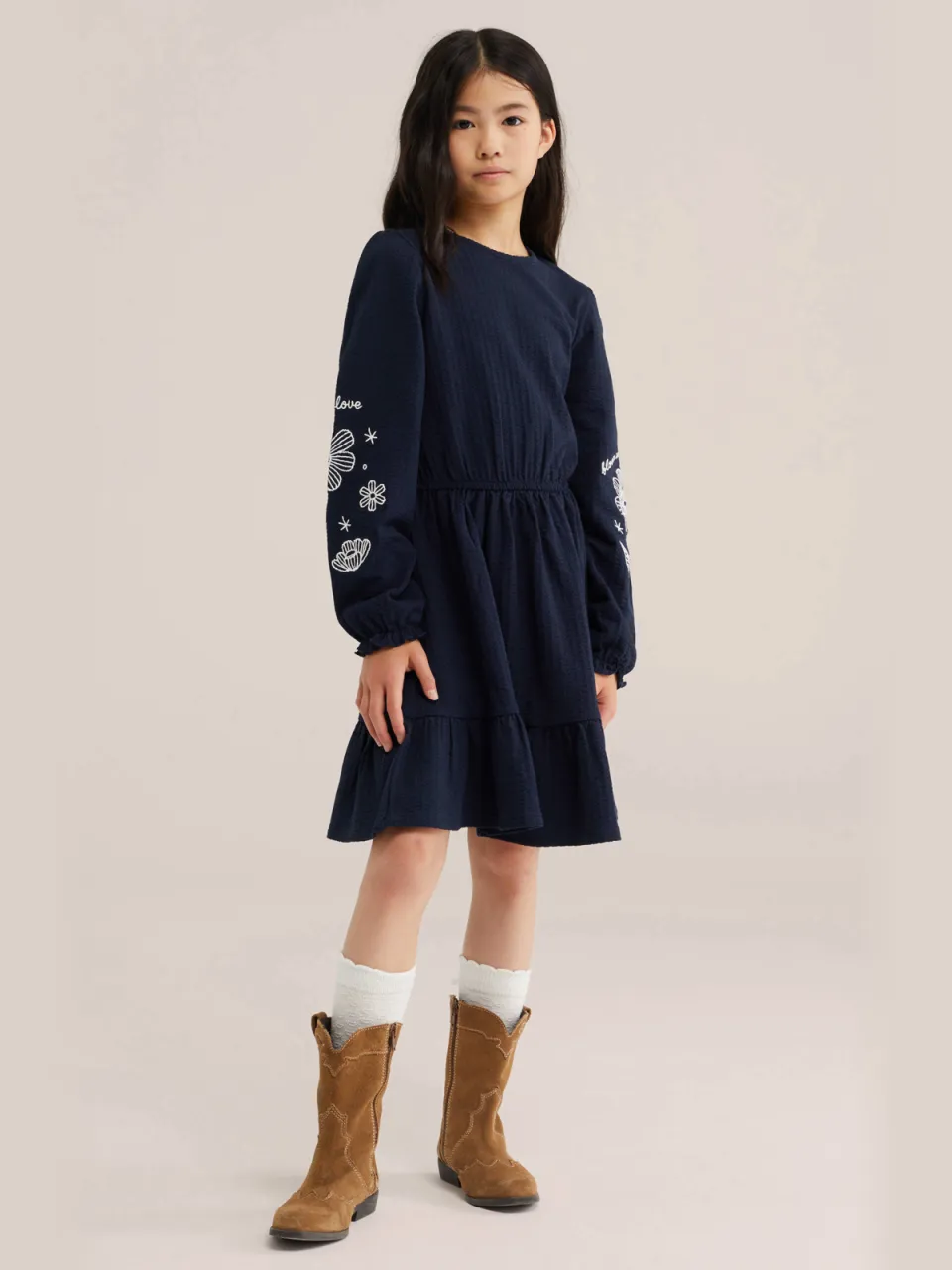 WE Fashion korte jurk met borduursels donkerblauw