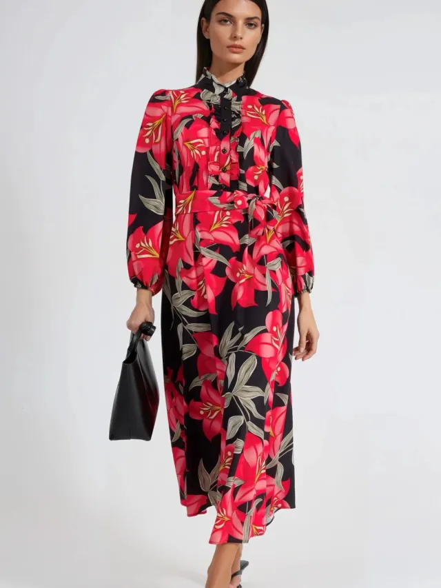 MSN Collection Floral Maxi-jurk met Strikdetail Rood