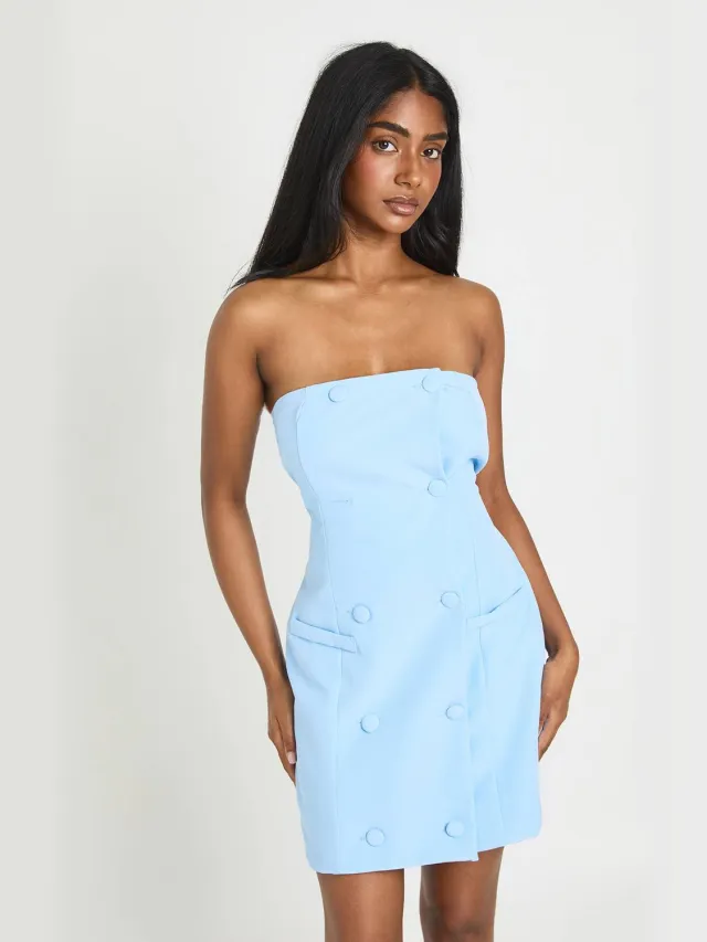 boohoo Dames Bandeau Mini Jurk Met Knoopsluiting Pastelblauw