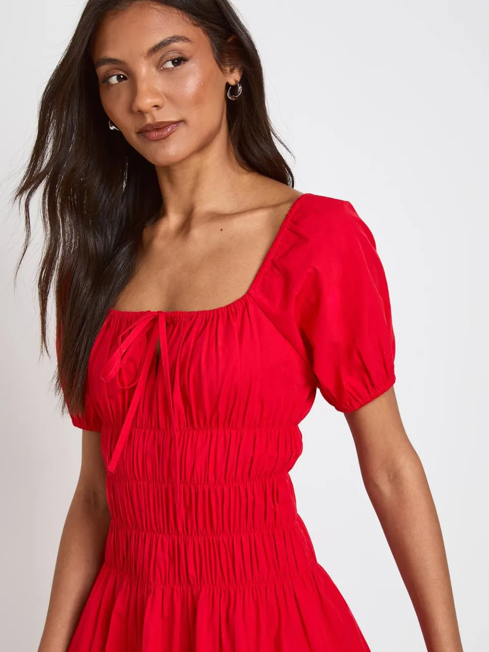 boohoo Dames Lange Katoenen Poplin Mini-jurk Met Gerimpeld Lijfje En Pofmouwen rood, foto 4