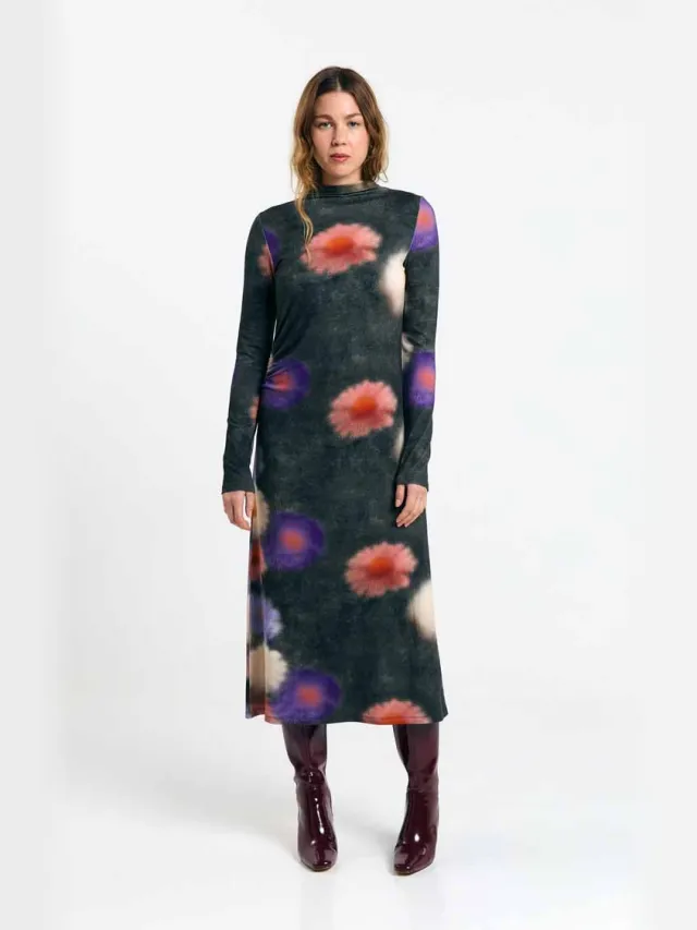SUITE13LAB dames vegan Midi Jurk Selmes Print Blossom Grijs