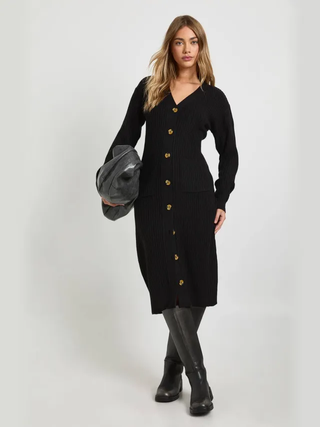 boohoo Dames Zacht gebreide midi-jurk met knoopdoorloop Zwart