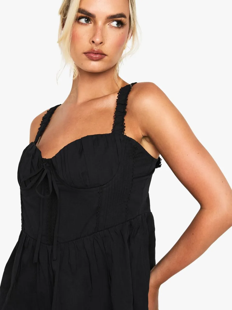 boohoo Dames Katoenen Melkmeisje Mini Jurk zwart, foto 3