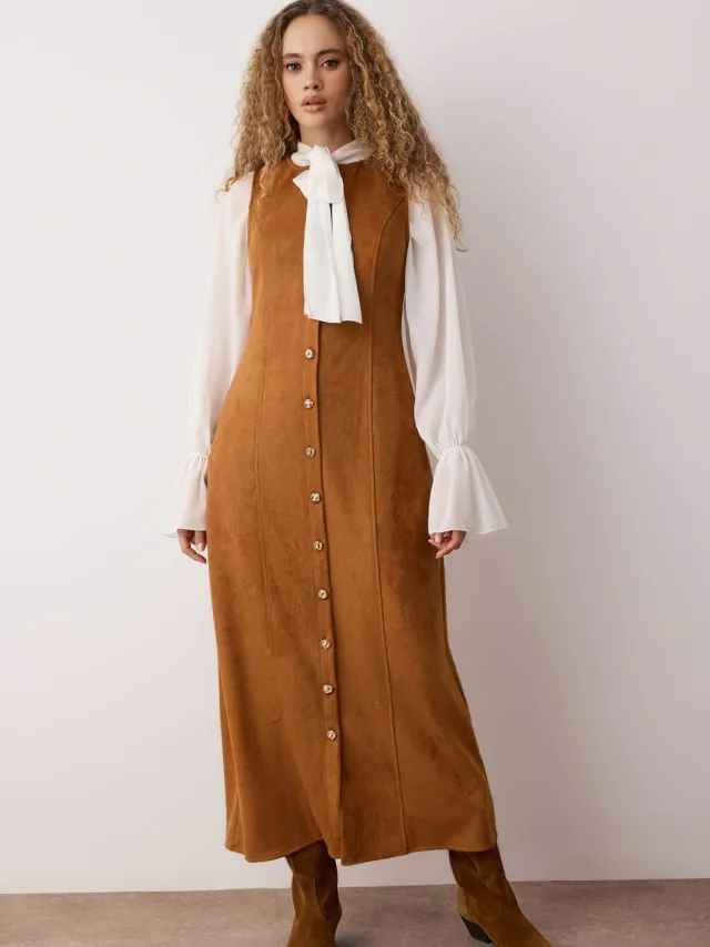 Turkishsouq Damesjurk, bruin, plat, mouwloos, maxi-model, geschikt voor zakelijke gelegenheden en als hijab.