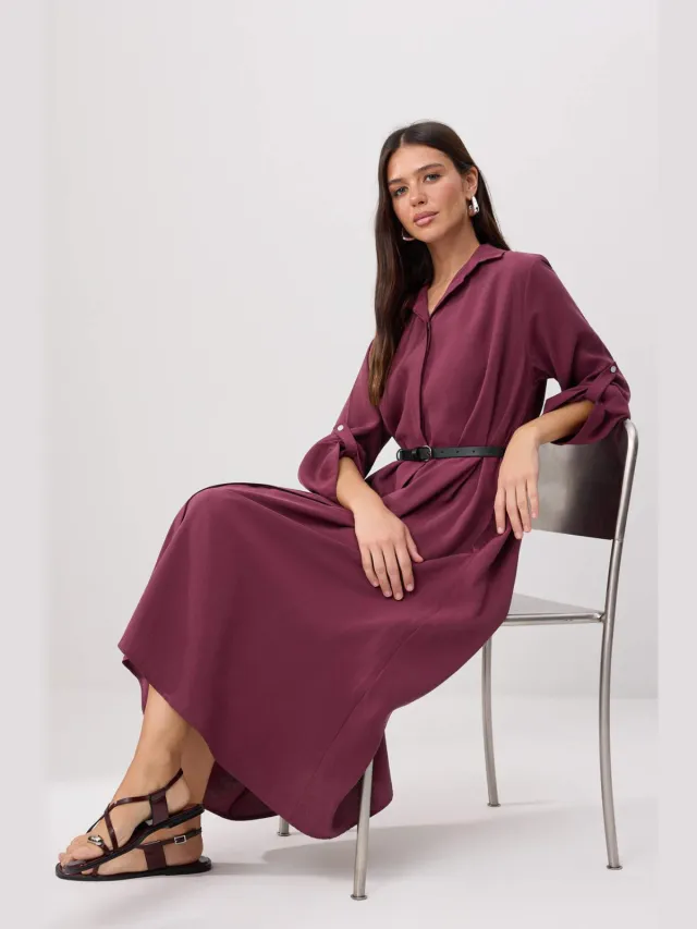 Trendyol Modest Dames Bordeaux Effen Midi Kort Recht Modest Jurken Bordeauxrood