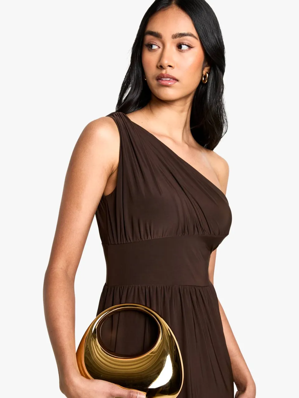 boohoo Dames Slinky Asymmetrische Maxi Jurk chocoladebruin, foto 2