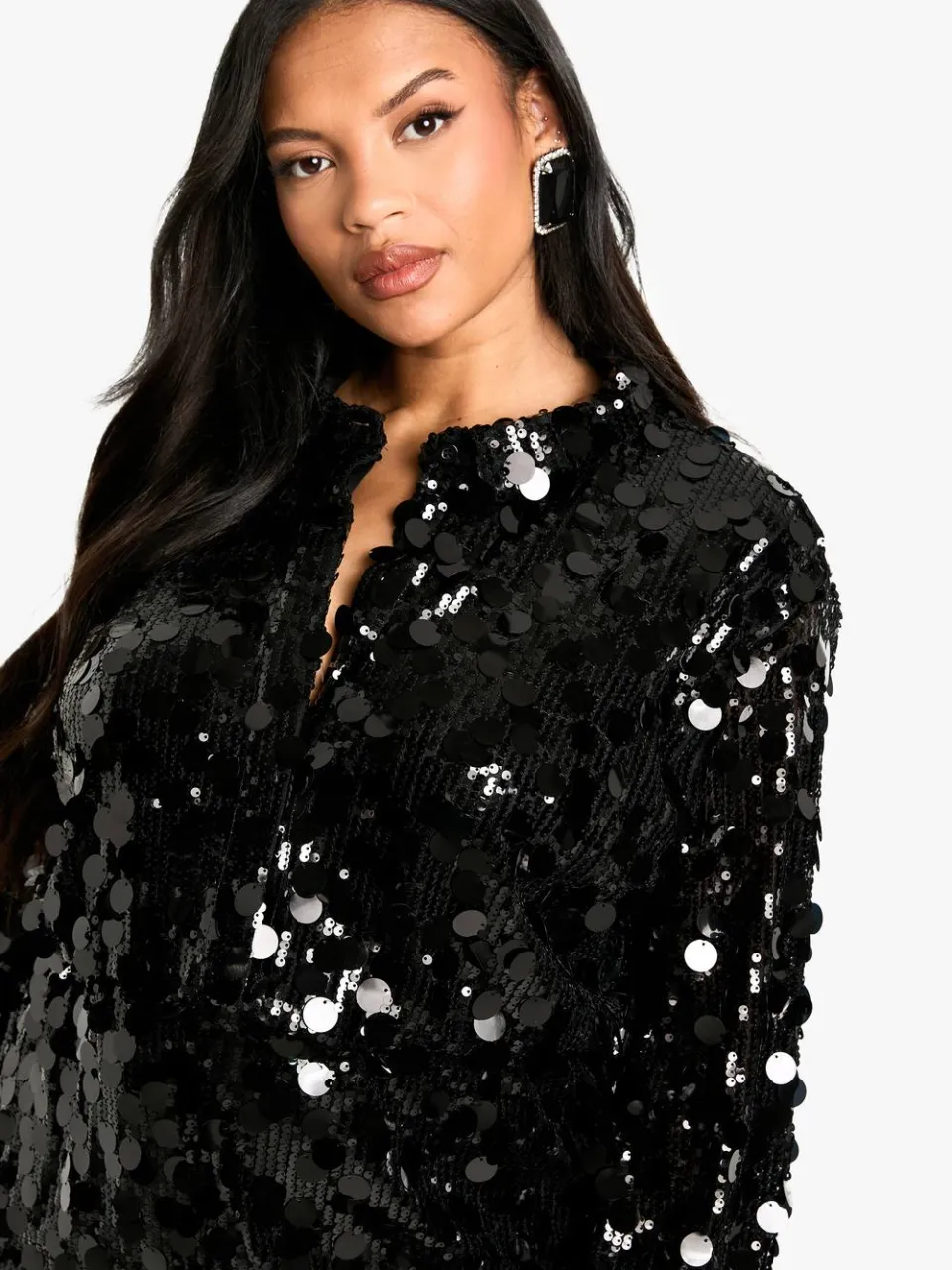 boohoo Dames Plus Pailletten Diepe Hals met Kraagdetail Mini Jurk zwart, foto 4