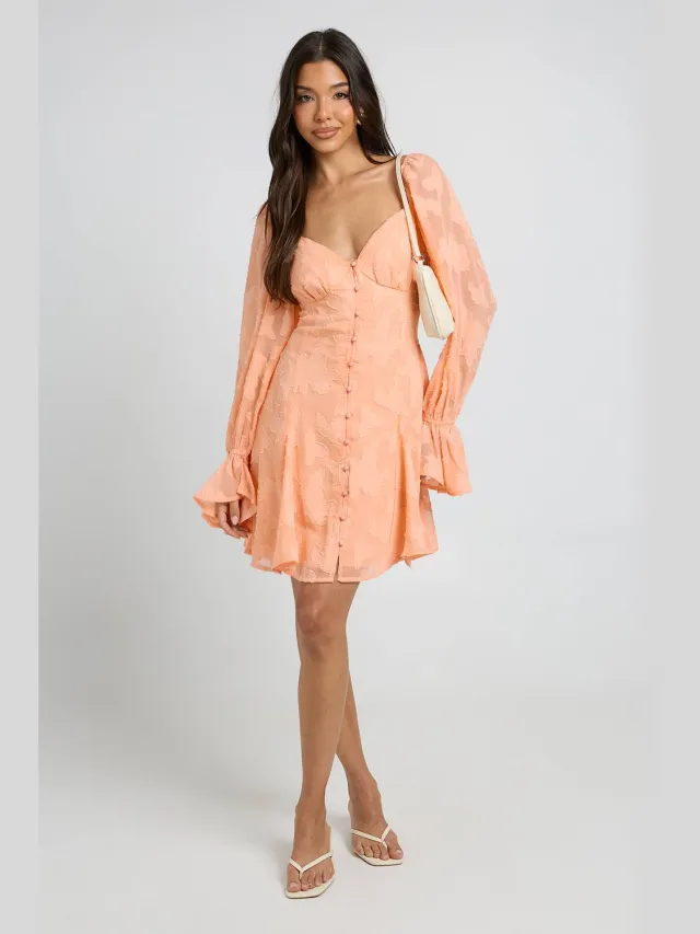 boohoo Dames Burnout Bloemen Godet Zoom Mini Jurk Perzik