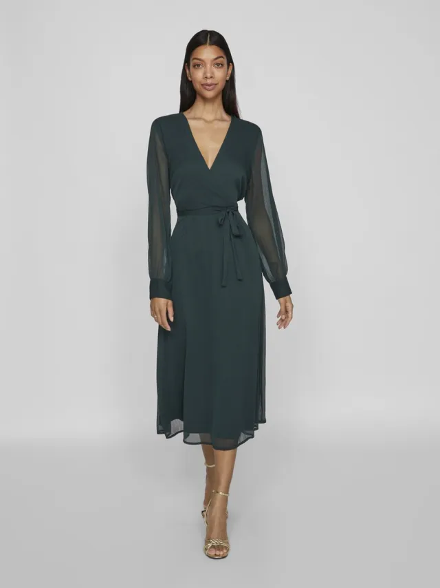 Vila VIFALIA V-NECK L/S MIDI DRESS - NOOS/DC - Dames - Mini jurken scarab