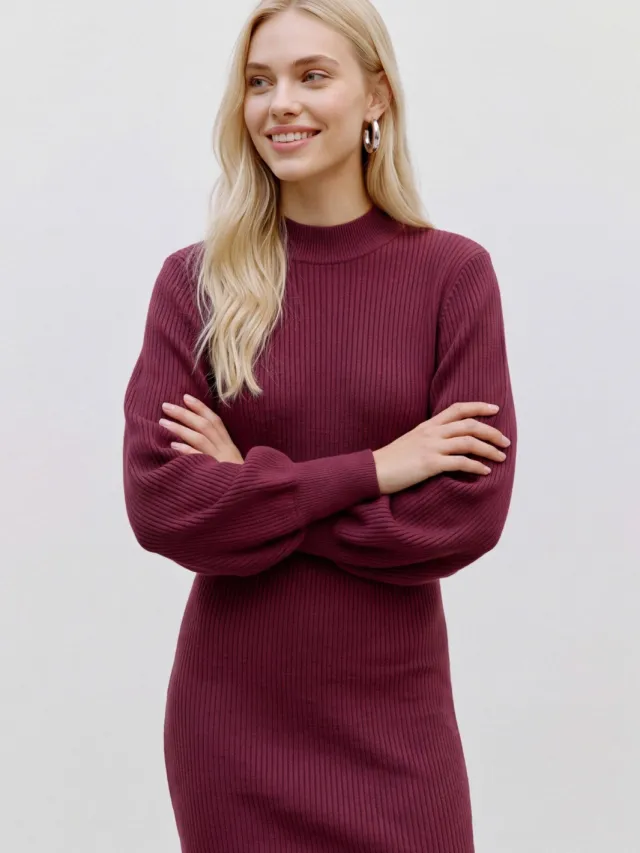 Vero Moda gebreide midi jurk - donkerrood, foto 4