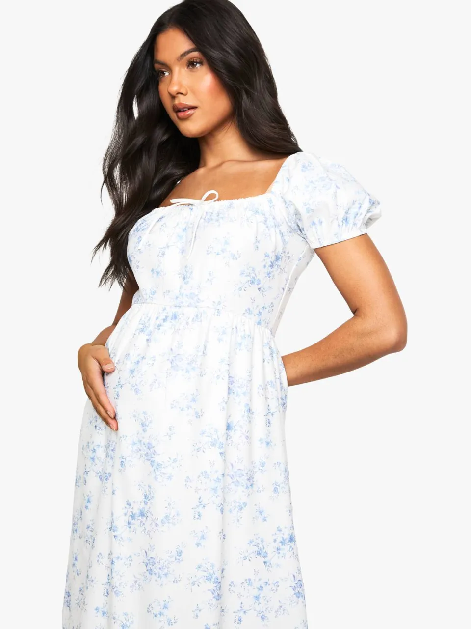 boohoo Dames Zwangerschapsjurk met bengaline, pofmouwen, porseleinen print en melkmeisje midi-jurk lichtblauw, foto 3