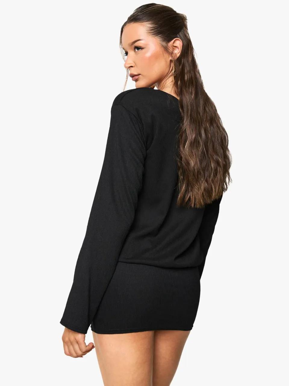 boohoo Dames Off the Shoulder Lang Mouw Bodycon Mini Jurk zwart, foto 3