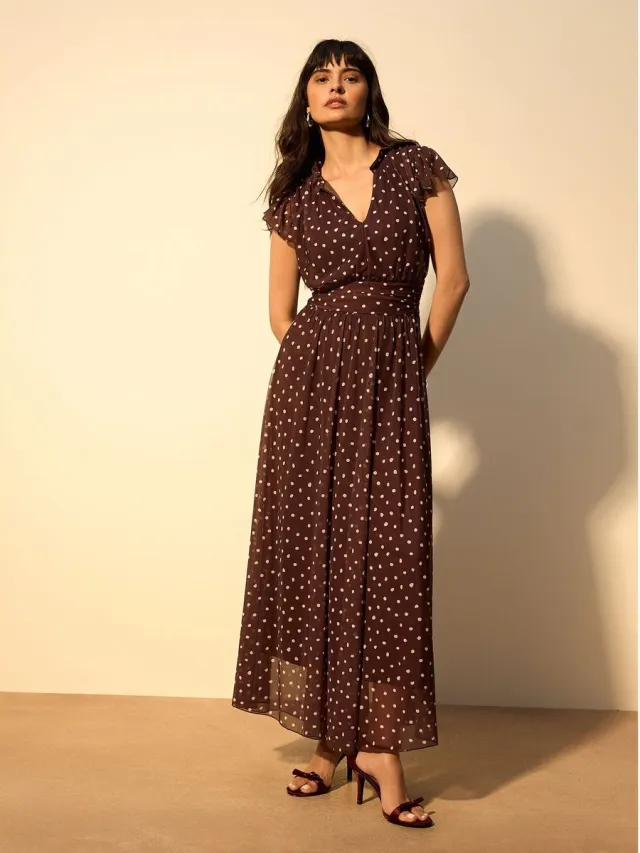 Next Dames - Petite plooirok met meshprint, V-hals, maxi-jurk voor speciale gelegenheden - Petite - Bruin Chocolate Brown Spot