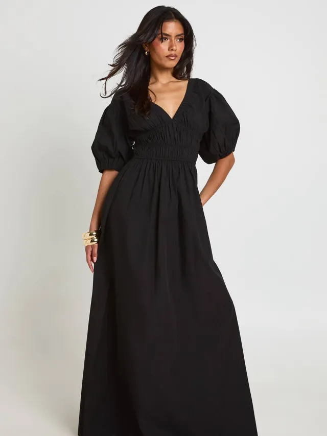 boohoo Dames Katoenen Popeline Maxi Jurk Met Gerimpeld Lijfje, V-hals En Pofmouwen Zwart