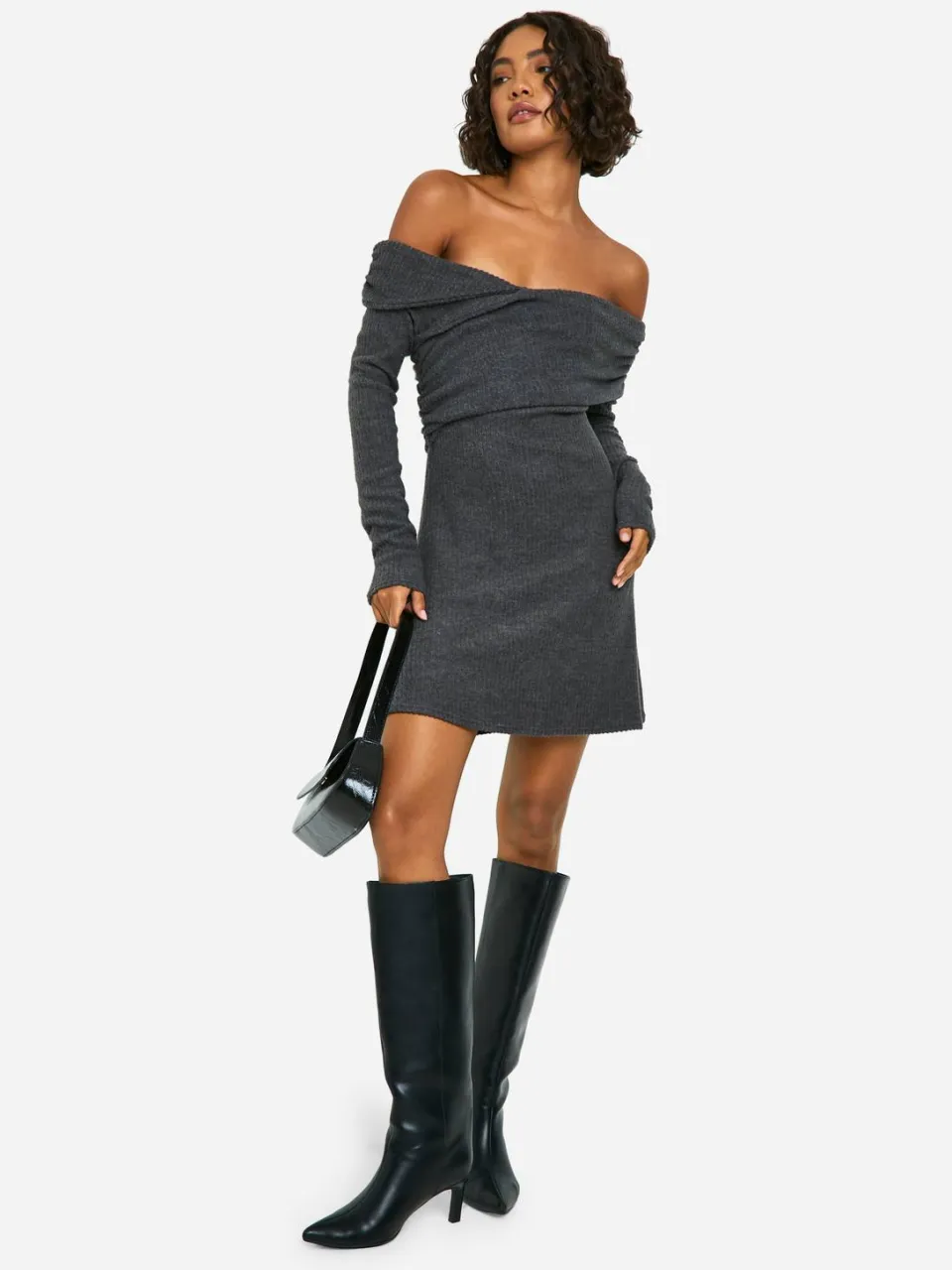 boohoo Dames Tall Brushed Rib Asymmetrische Mini Jurk houtskool, foto 2