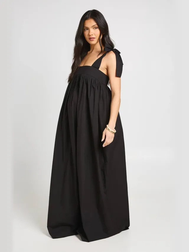 boohoo Dames Zwangerschaps Maxi Jurk Met Strikbandjes Zwart