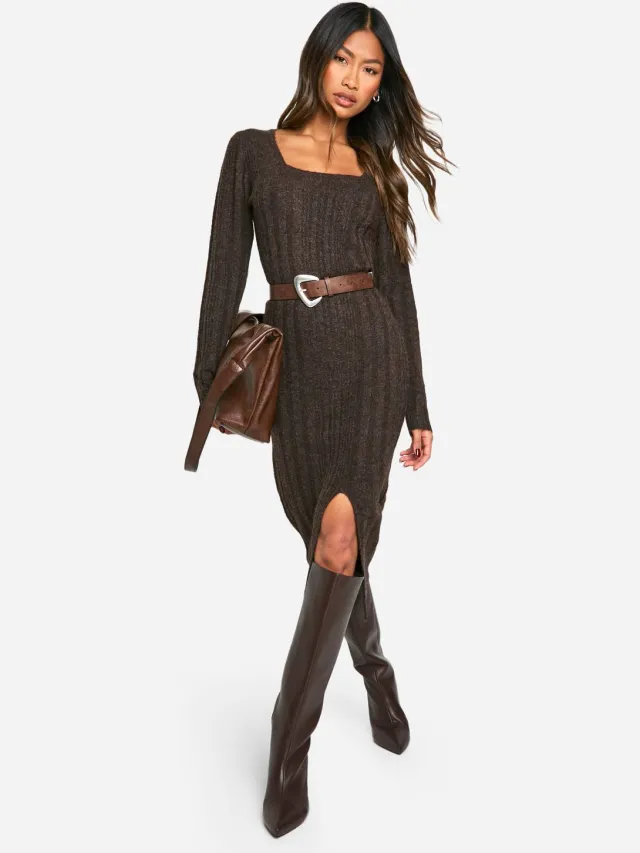 boohoo Dames Square Neck Mixed Rib Knitted Midaxi Dress Chocoladebruin