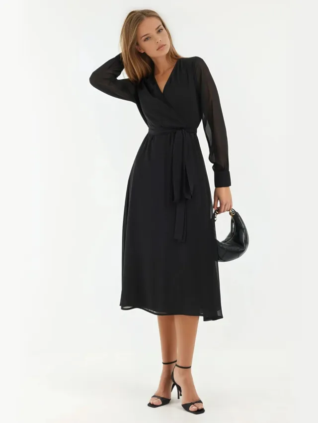 Hiccup Double Breasted A-Lijn Tulle Midi Jurk met Tailleband Zwart