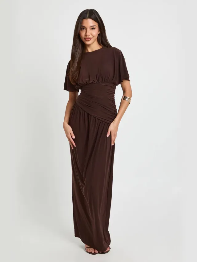 boohoo Dames Maxi Jurk Met Engelmouwen En Asymmetrische Gerimpelde Taille Chocoladebruin