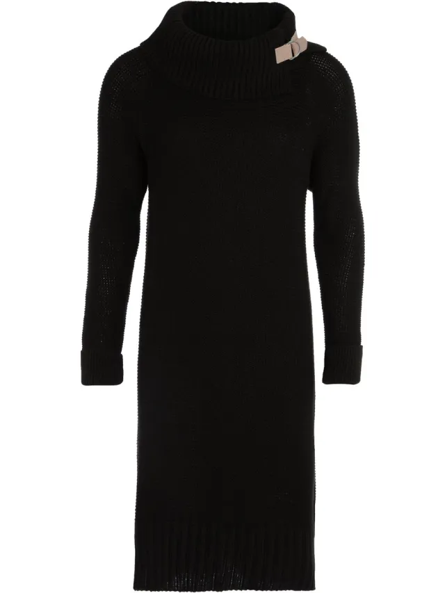 Knit Factory Jamie Gebreide Dames Jurk - Trui jurk dames - Wollen jurk - Herfst- & winterjurk - Wijde jurk - Met warme opstaande kraag - Zwart - 36/38 - Knielengte