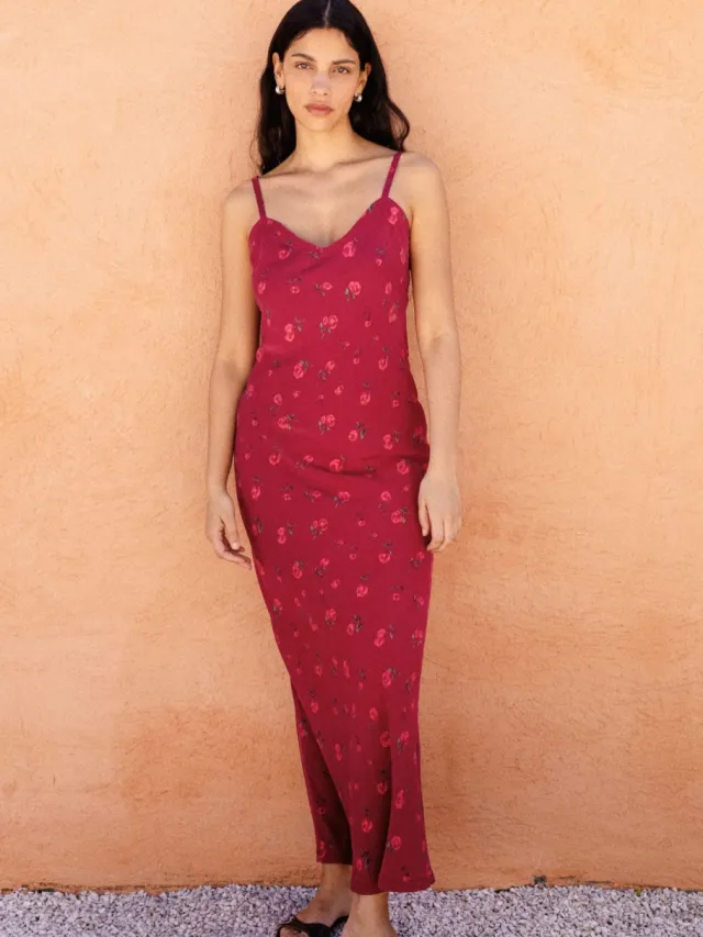 Avani dames vegan Maxijurk Jade Framboos Bloemenprint Donkerrood