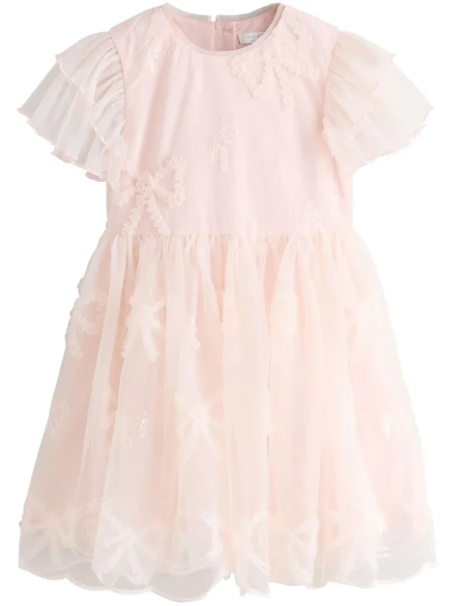 Next Meisjes - Geborduurde feestjurk met strik en mesh - Roze Pink