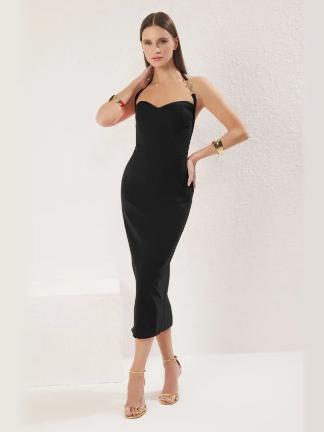 Trendyol TRENDYOLMİLLA Dames Zwart Effen Midi Mouwloos Stijlvol/Avond Bodycon Jurken