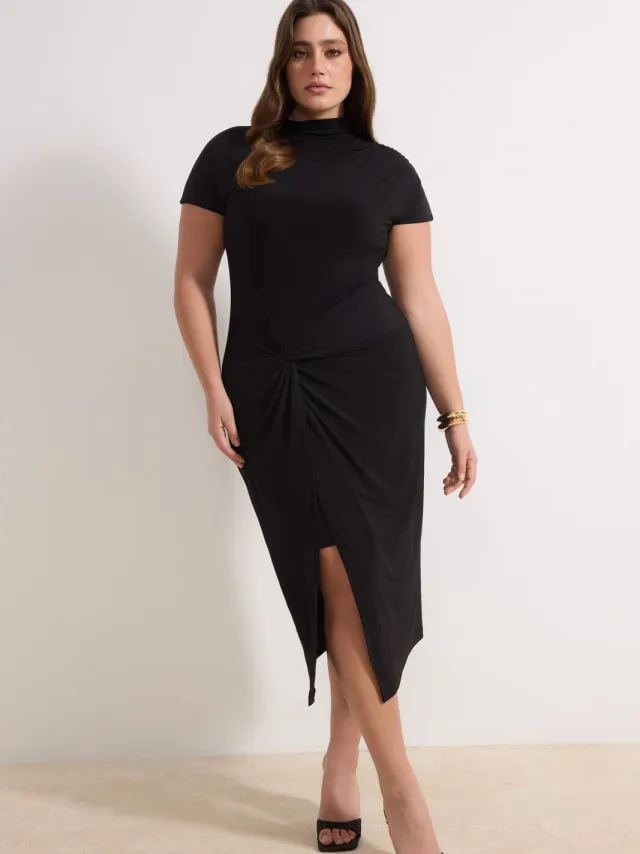 Trendyol Curve Dames Zwart Effen Midi Kort Casual Recht Grote maten Jurk