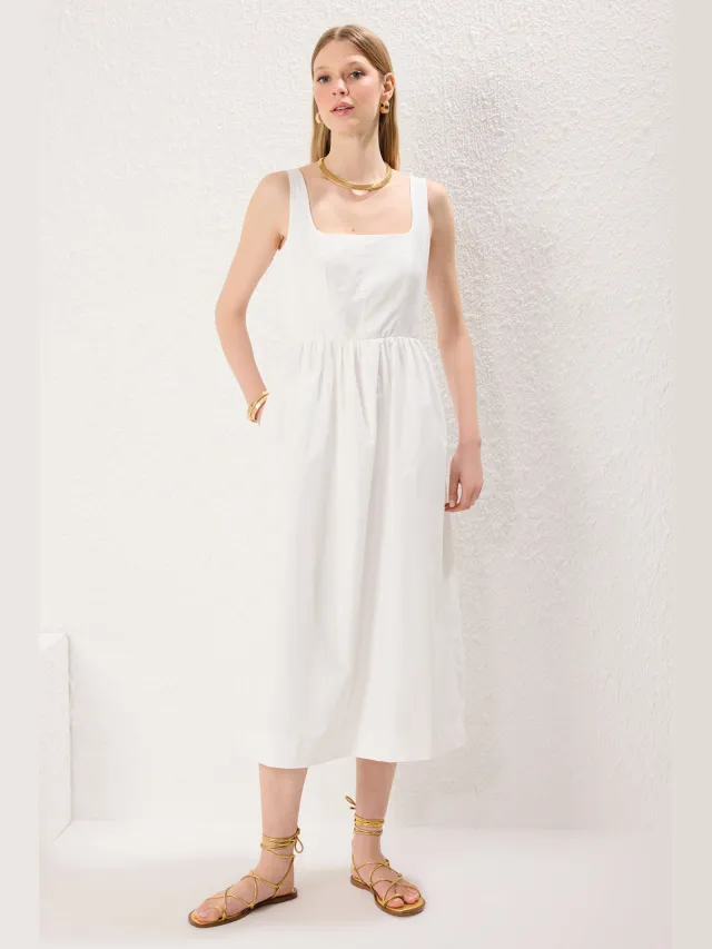 Trendyol TRENDYOLMİLLA Dames Ecru Effen Midi Mouwloos Casual Skater Jurken