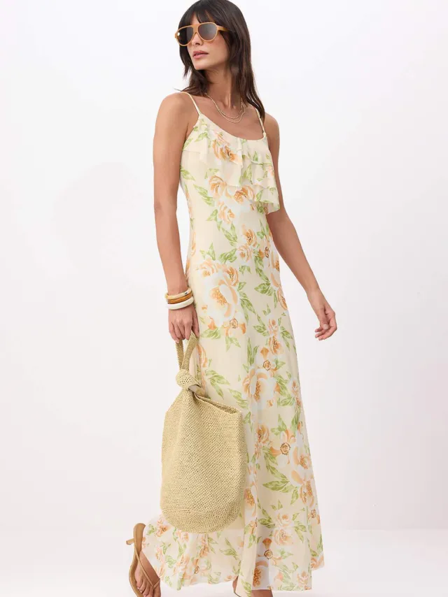 Turkishsouq Mouwloze maxi-jurk met bloemenprint voor dames in A-lijn model Geel