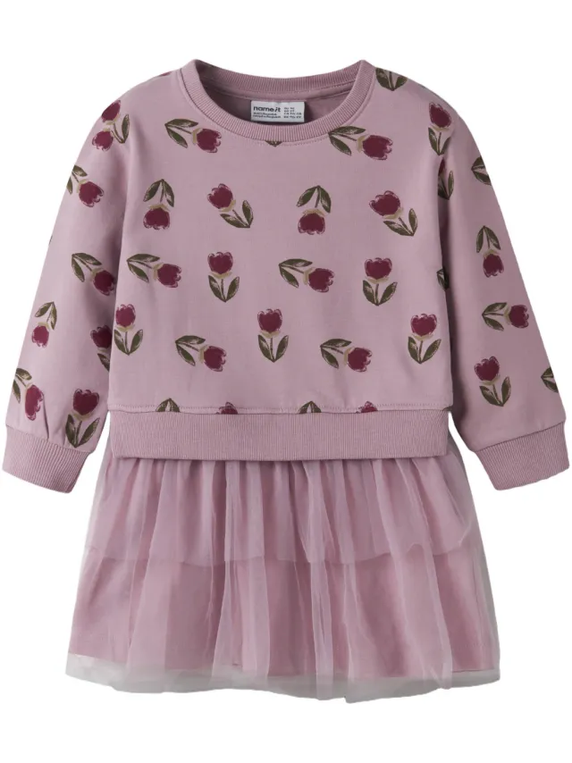 NAME IT MINI gebloemde midi sweatjurk oudroze