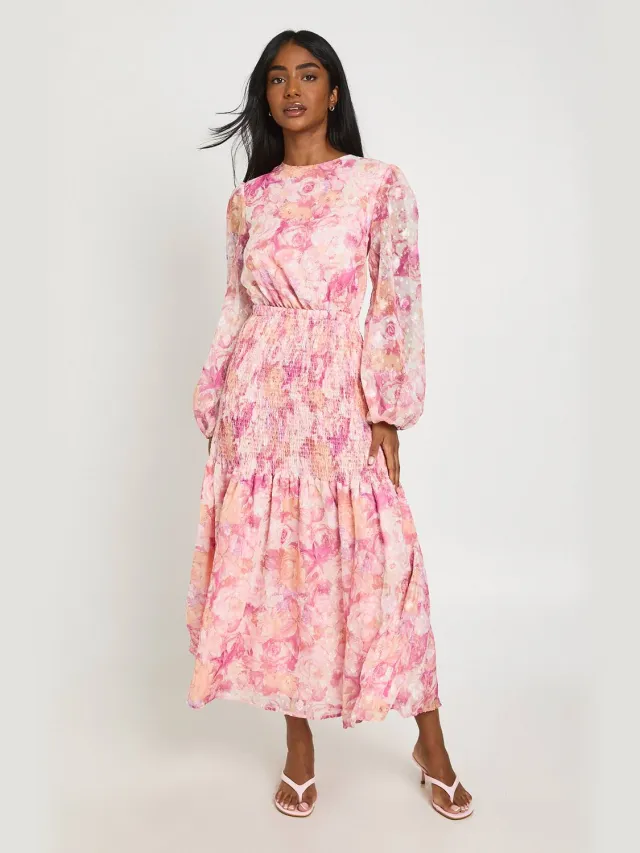 boohoo Dames Jacquard Bloemen Midi-jurk Met Gerimpelde Taille En Open Rug Roze