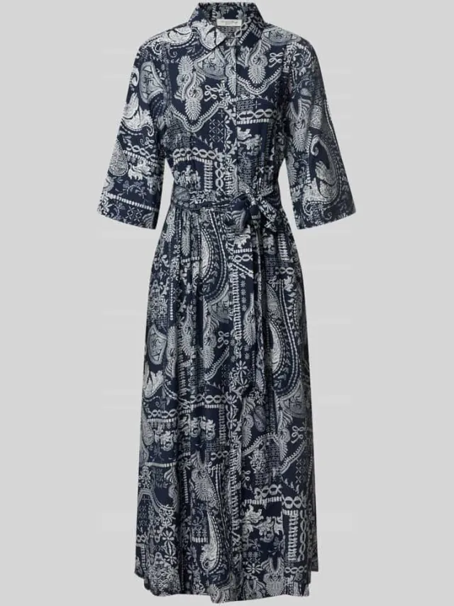 Christian Berg Woman Overhemdjurk van viscosemix met strikceintuur marineblauw, foto 2