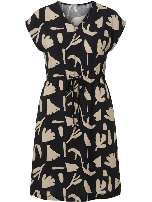Ulla Popken Dames - Maxi-jurk bloemen V-hals korte mouwen biologisch katoen - Zwart - Maat 50+